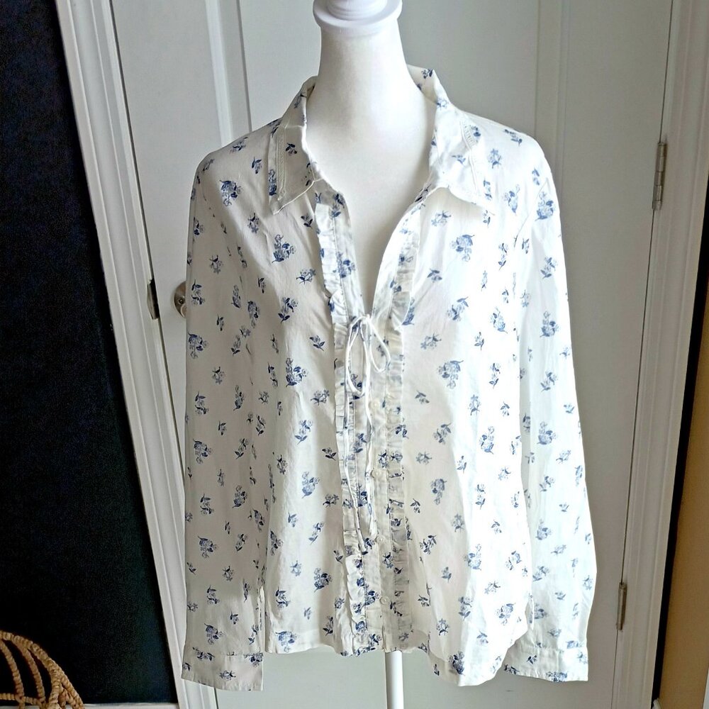 NEW! BOHO Blue FLORAL TIE FRONT BLOUSE Lucky BRAND